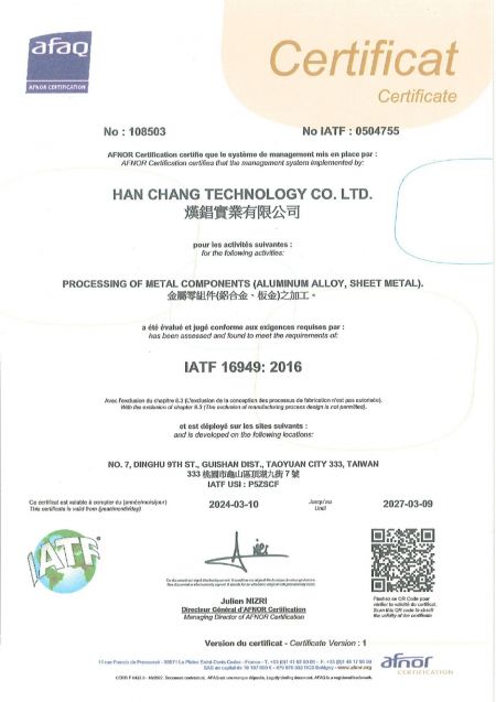 Han Chang IATF 16949:2016 Certificate